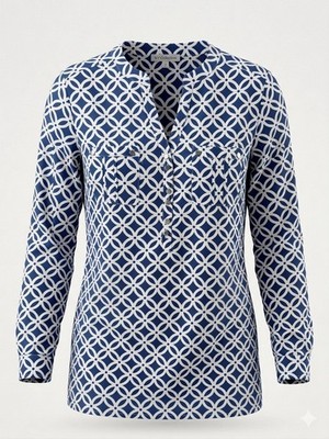 Notations Womens Blouse   Small   Blue Geometric Print   Button Up Career Top S
