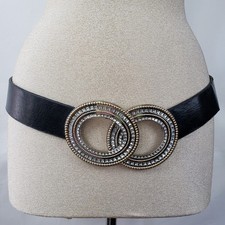 Chico's clear crystal rhinestone oval buckle black belt, S/M, GUC