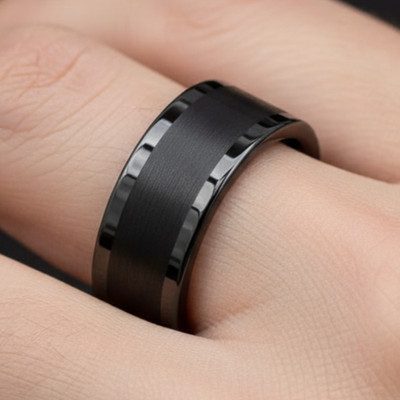 Matte Black Tungsten 8mm Wedding Band with Brushed Core & Polished Rim