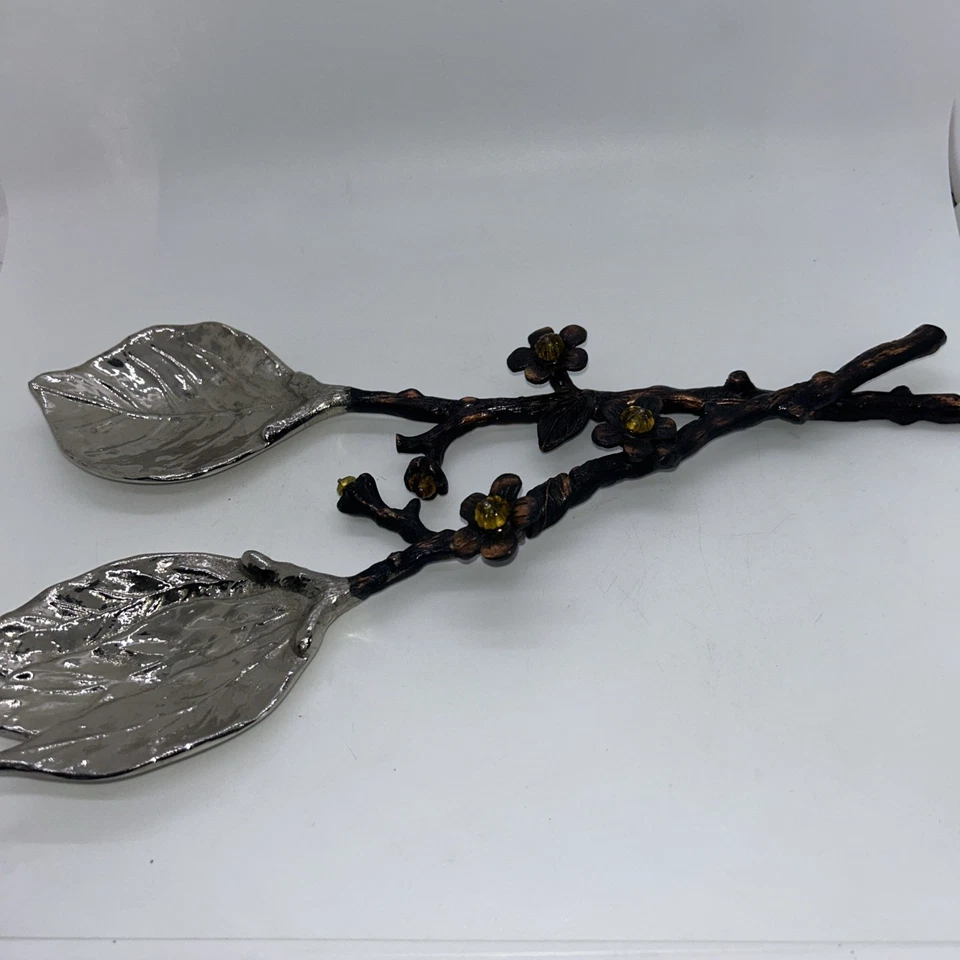 Michael Aram Salad  Servers Branch Twig Handles Topaz Bead Flowers Coppery Metal - Image 2 of 4