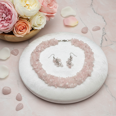 Rose Quartz Chip Necklace and Earrings Set Stainless Steel Lobster