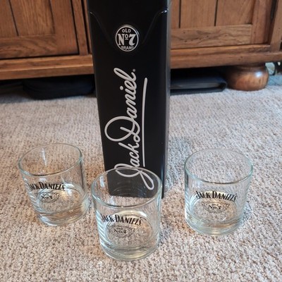 Jack Daniels Old No 7 Whiskey Tin  & Three No 7 Glasses.