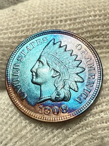 1908 Indian Head Penny Cent ~ Borderline Lustrous High Grade AU++blue Hue