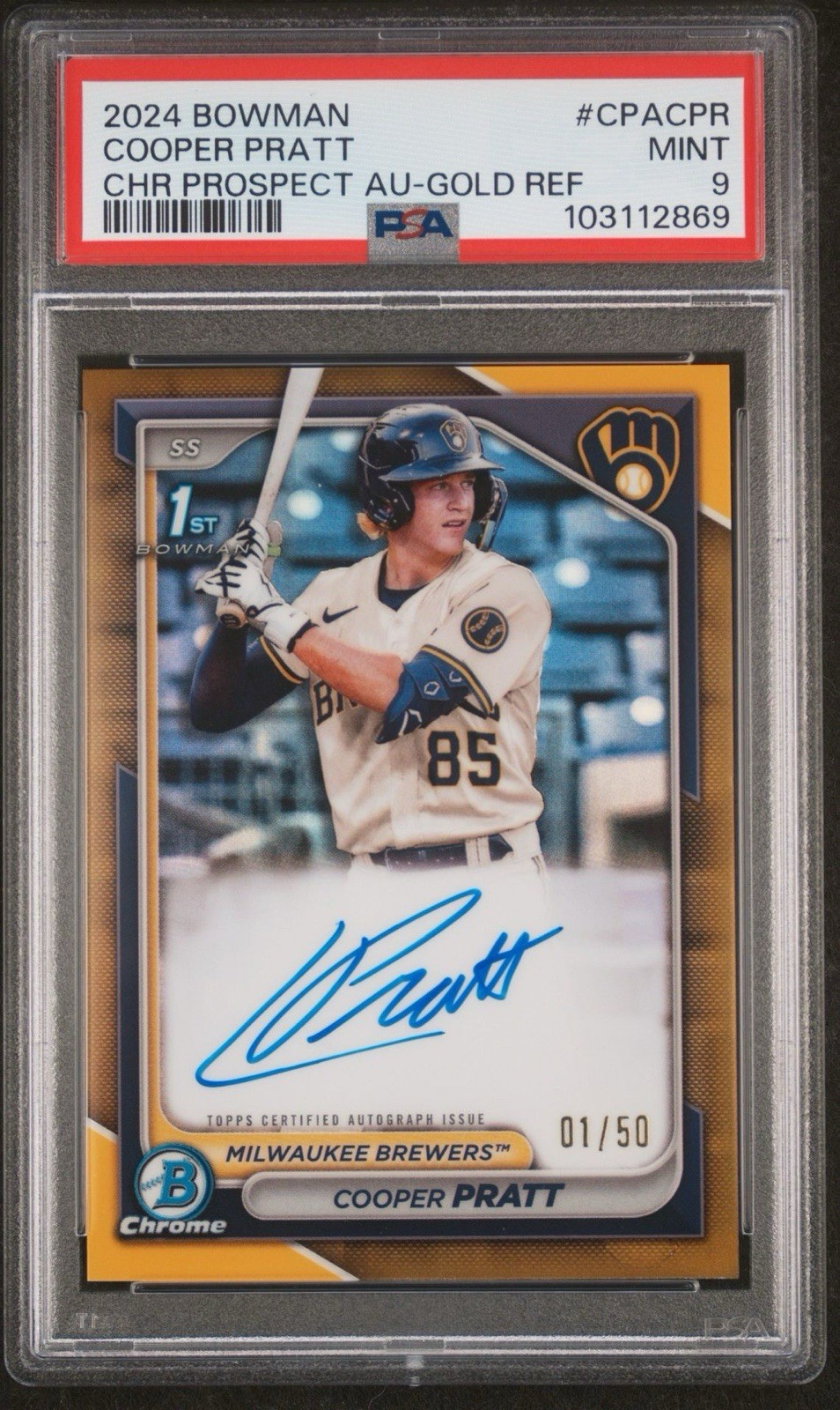 2024 COOPER PRATT 1st Bowman AUTO True Gold Chrome Ref 1/50 PSA 9 🔥 Brewers