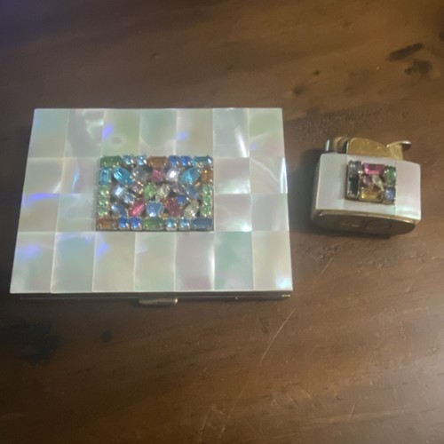 Vintage Marhill Mother of Pearl Cigarette Case & Matching Lighter Rhinestone Set