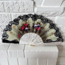 Vtg Floral Flowers Hand Fan 1950 Hand Painted Multicolor Intricate Celluloid
