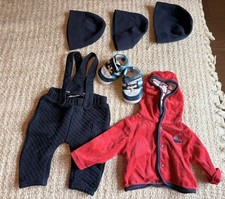 S.Oliver Baby Jungen Set  Gr. 50 - 56 marineblau rot Fleecemütze Latzhose