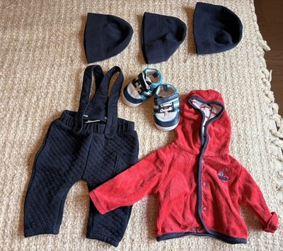 S.Oliver Baby Jungen Set  Gr. 50 - 56 marineblau rot Fleecemütze Latzhose