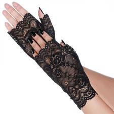 Women Short Lace Gloves Fingerless Floral Black