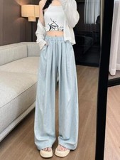 Retro Womens Summer Pants Loose Long Casual Straight Pants Thin Wide Leg Pants