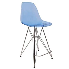 LeisureMod Cresco Plastic Barstool with Chrome Base Transparent Blue