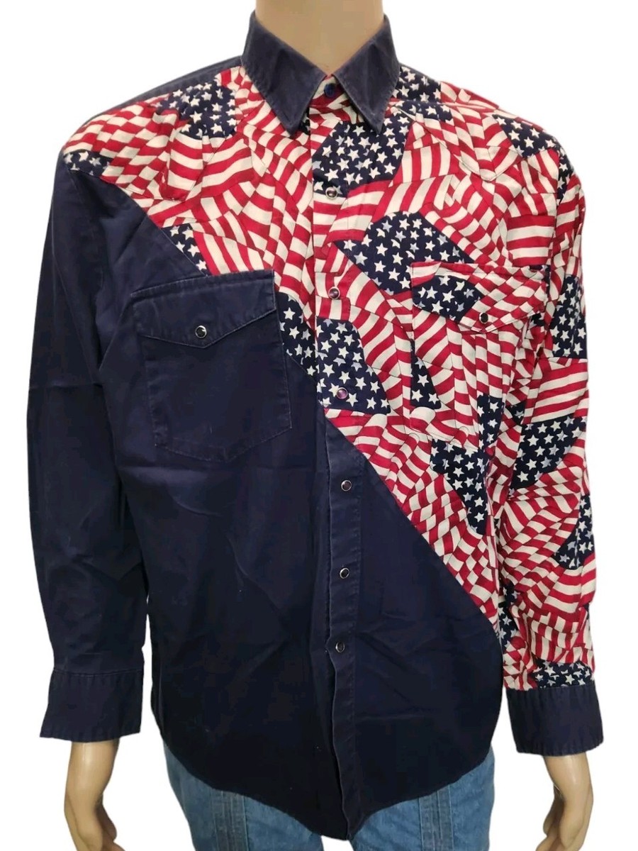 Vtg Roper Rodeo Blue Pearl Snap American Flag USA Western Cowboy - Main Image