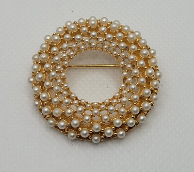 Womens Vintage Spiral Circle Brooch Gold Tone Faux Pearls 