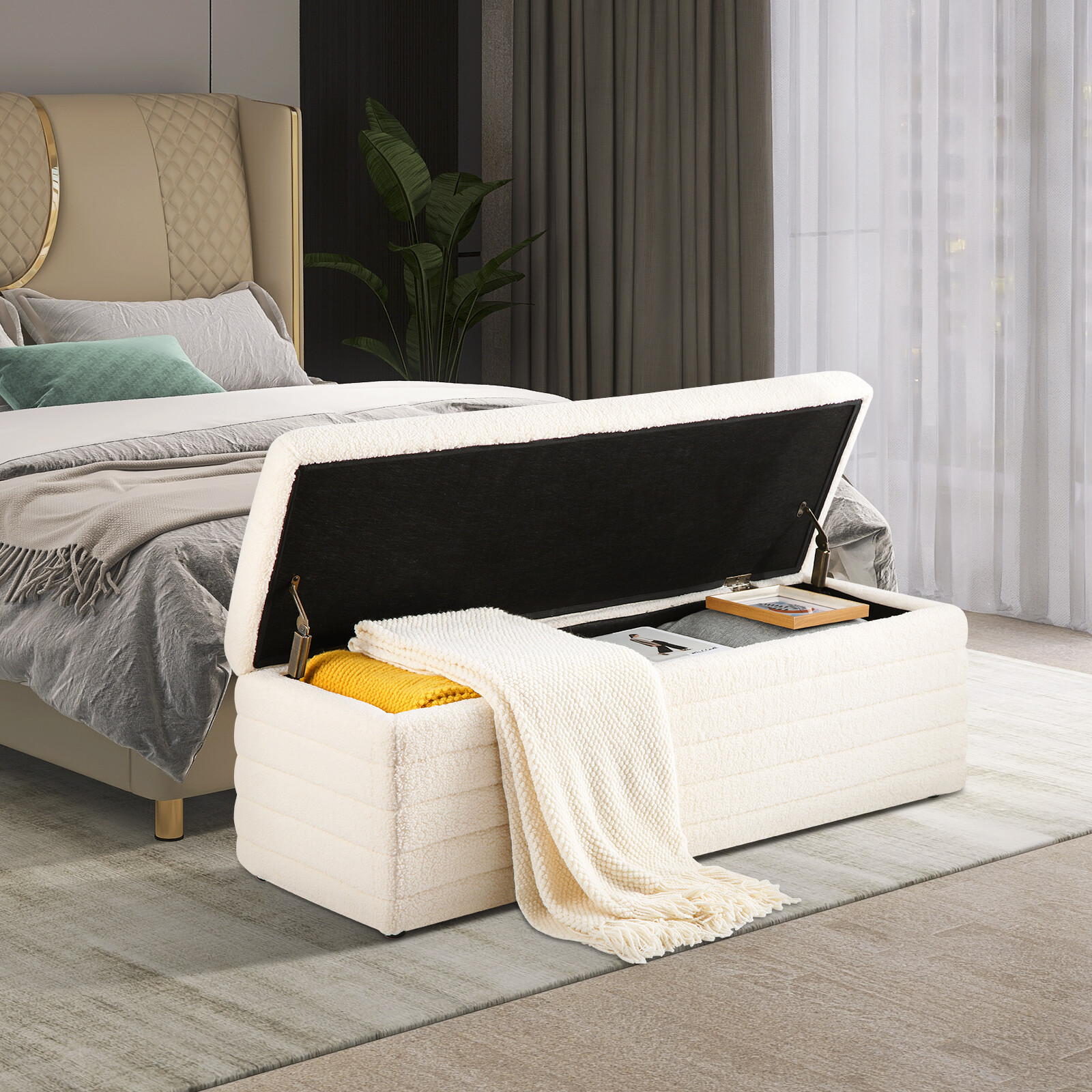 45.5” Teddy Fabric Modern Storage Ottoman Upholstered Bedroom Entryway Bench US