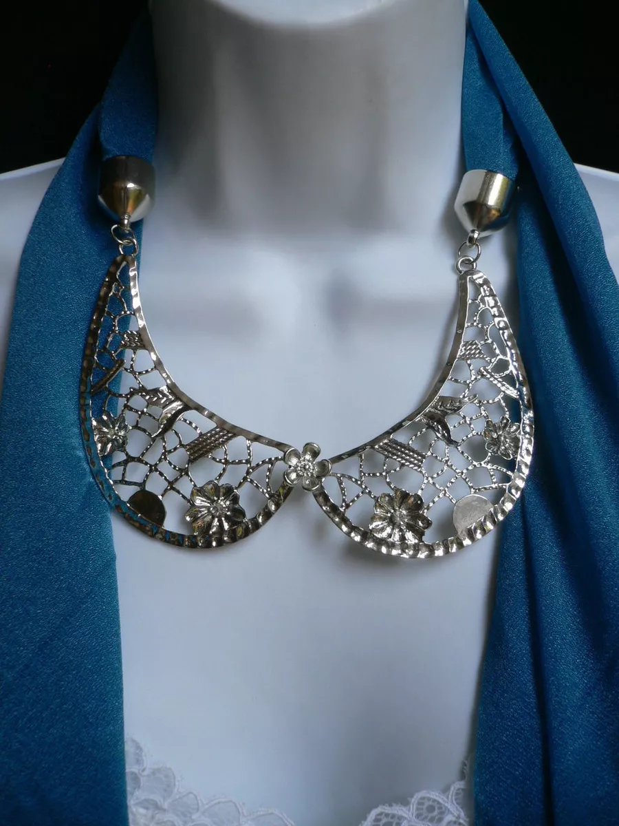 NEW WOMEN BLUE FASHION SCARF NECKLACE SILVER METAL FLOWERS COLLAR PENDANT