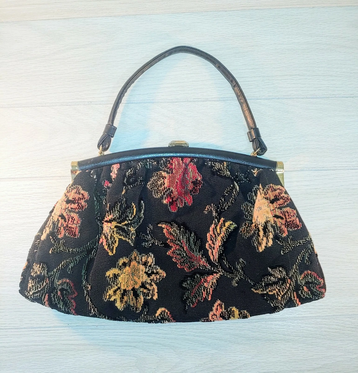 Chic Vtg 50's Julius Resnick JR USA Carpetbag Purse Floral Tapestry 15 x 9  Gift