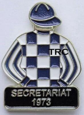 SECRETARIAT 1973 CUSTOM HORSE RACING JOCKEY SILKS LAPEL PIN! MEADOW STABLE SILKS