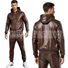 Men's Lambskin Leather TrackSuit Brown/White Sweatsuit With Hoodie 2 Pcs Outfits