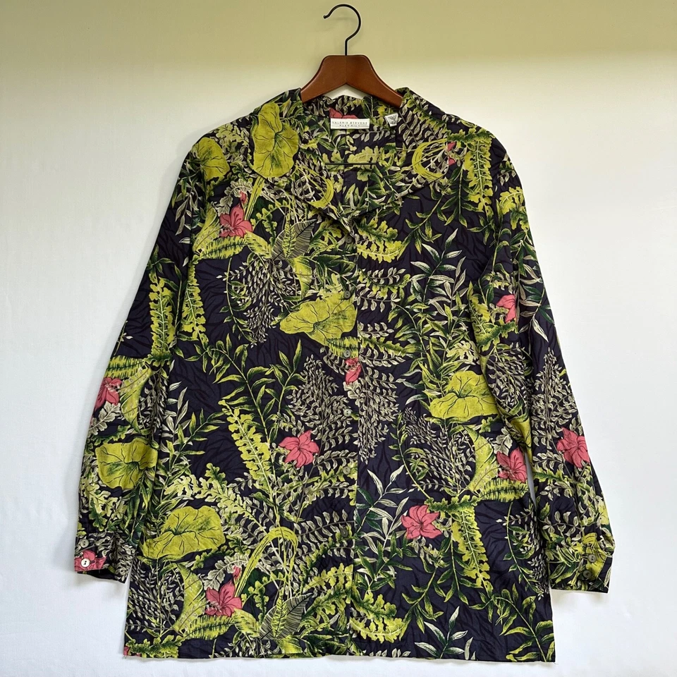 Blusa de Colección Valerie Stevens 100% Seda Floral Verde Marino Abotonada Para Mujer Talla 12” Foto 2 de 4