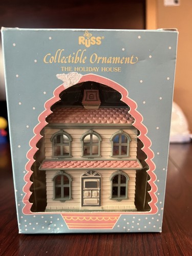 Russ Collectible Ornaments Holiday House Blue Pink Trim Christmas Hanging Model
