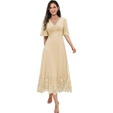 Formal Lace Applique chiffon v neck flutter sleeve Formal Dress Size 18 wedding