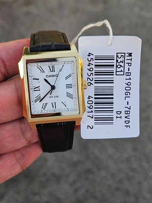 Casio MTP-B190GL-7BVDF Gold Rectangle Roman Dial Leather Strap 50M