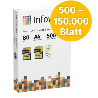 Infowerk Druckerpapier Kopierpapier 500 - 150000 Blatt A4 80g Premium Hochweiß