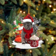 Grey French Bulldog-Winter Cup-Two Sided Flat 2D Acrylic Ornament 3.5in
