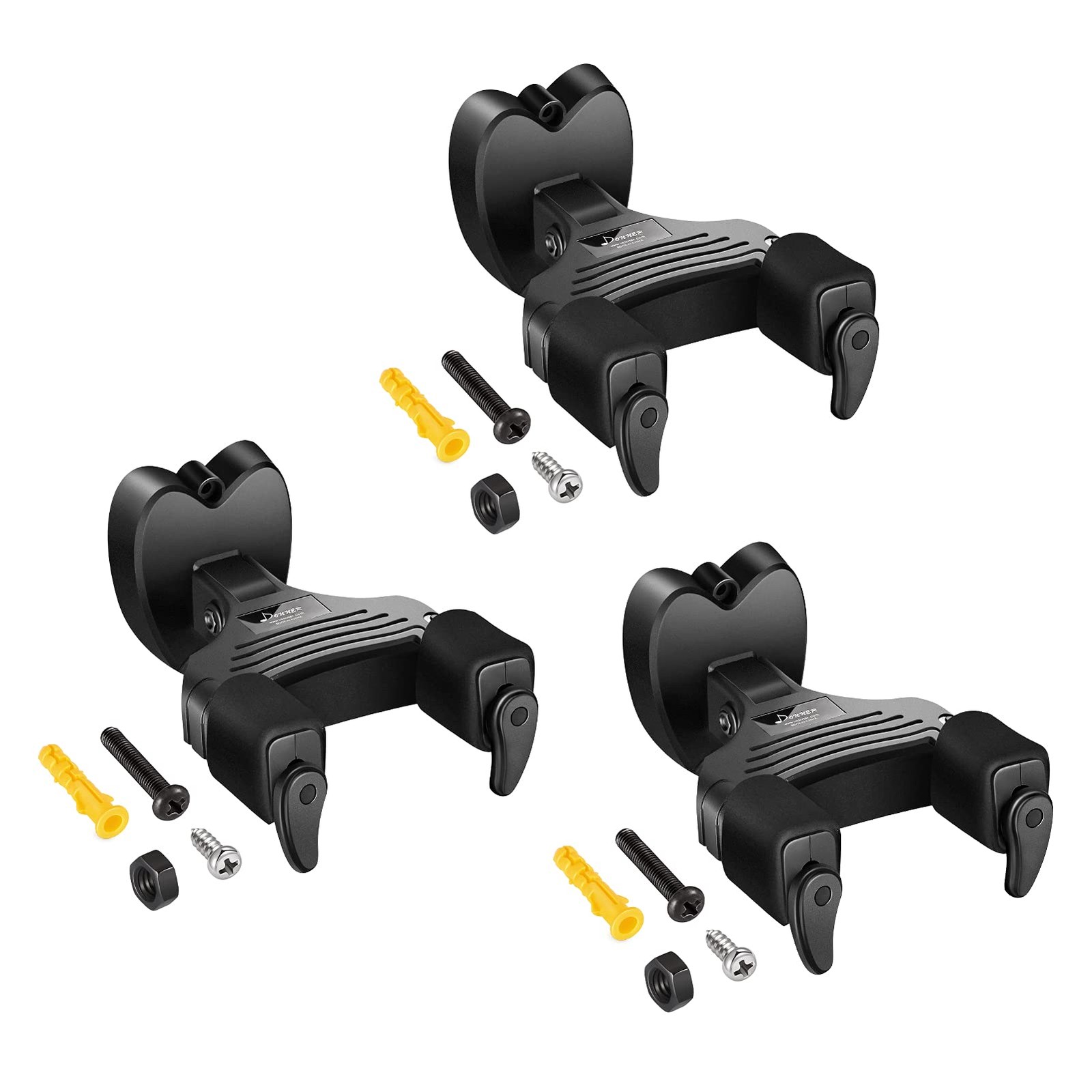 Donner Guitar Wall Mount Auto Lock Hanger Hook Holder 3-Pack, Black