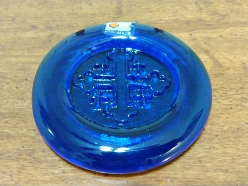 Vintage Blenko Cobalt Blue Glass Paperweight Cross With Sticker