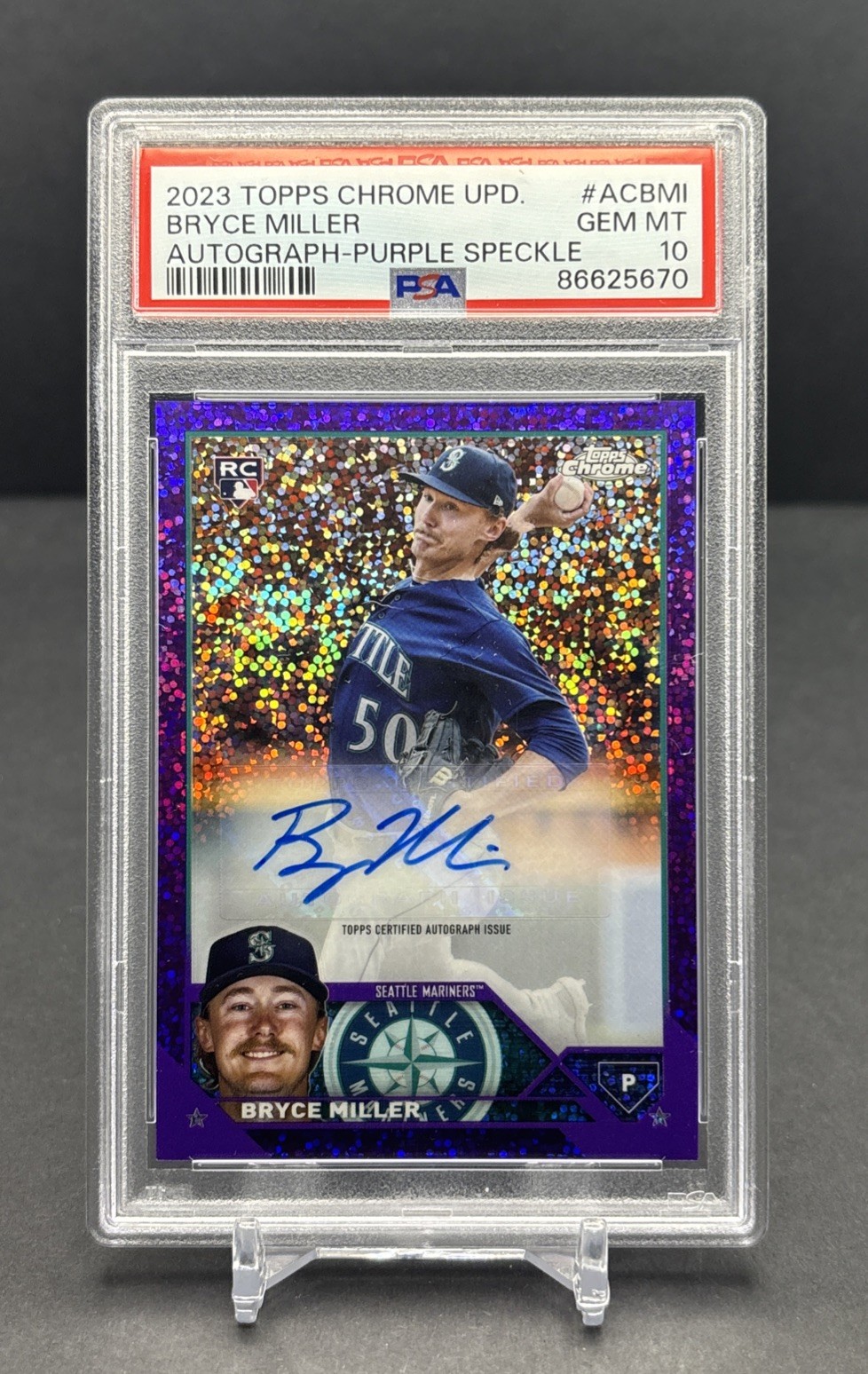 2023 TOPPS CHROME UPDATE AC-BMI Bryce Miller RC Auto Purple Speckle /299 PSA 10