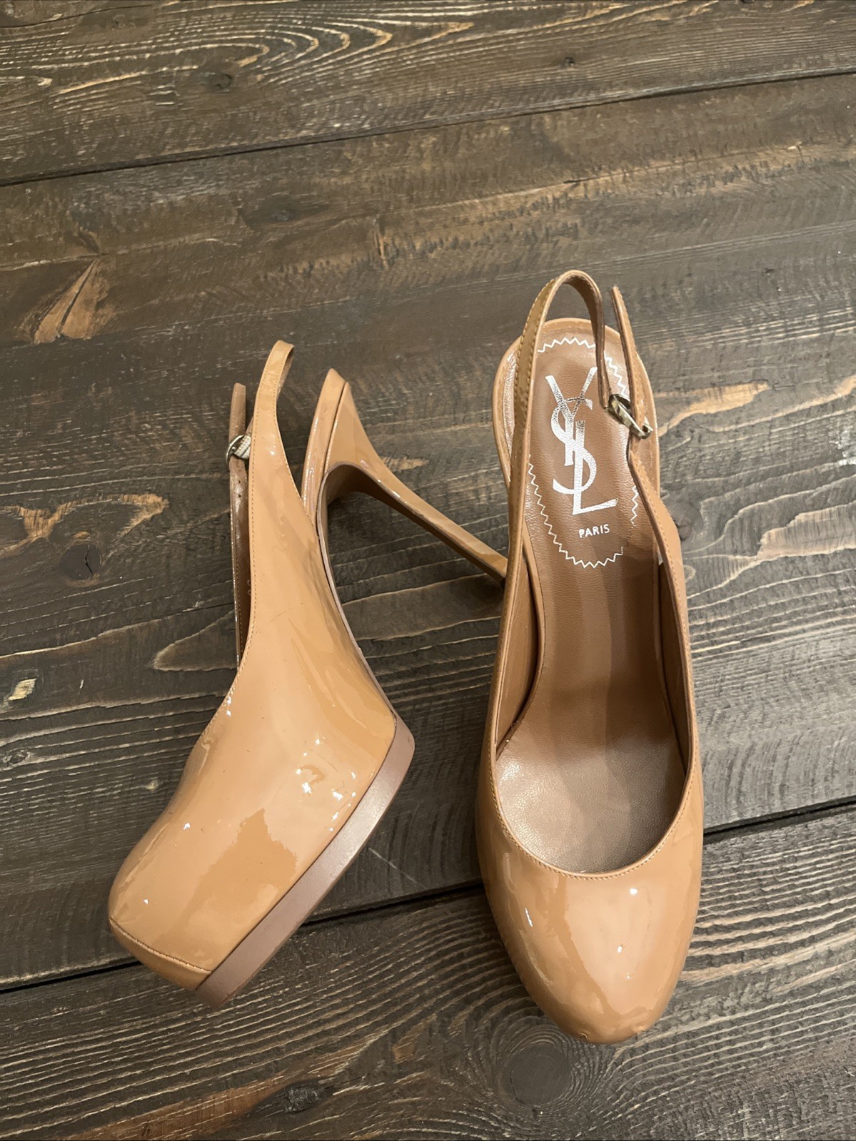 Nuovo YSL Yves Saint Laurent Tribtoo Slingback décolleté tacco cammello 37 $795