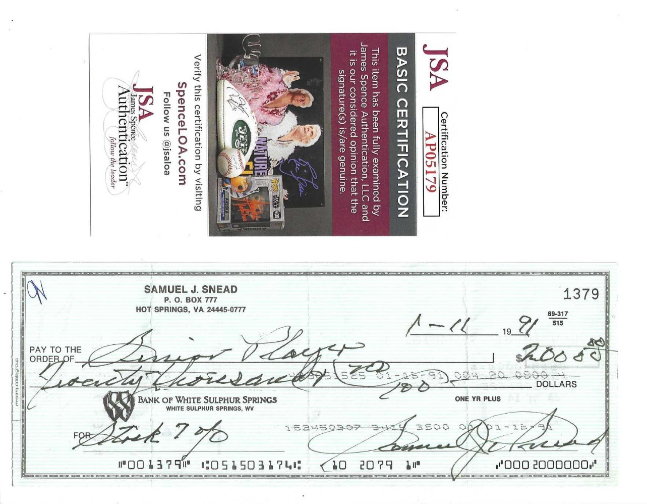 Sam Snead Professional PGA Golf Champion Autographed Signed 1991 Bank Check JSA COA 
