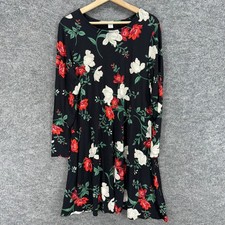 New Old Navy Dress Women L Large Black Floral Shift Midi Rayon Long Sleeve