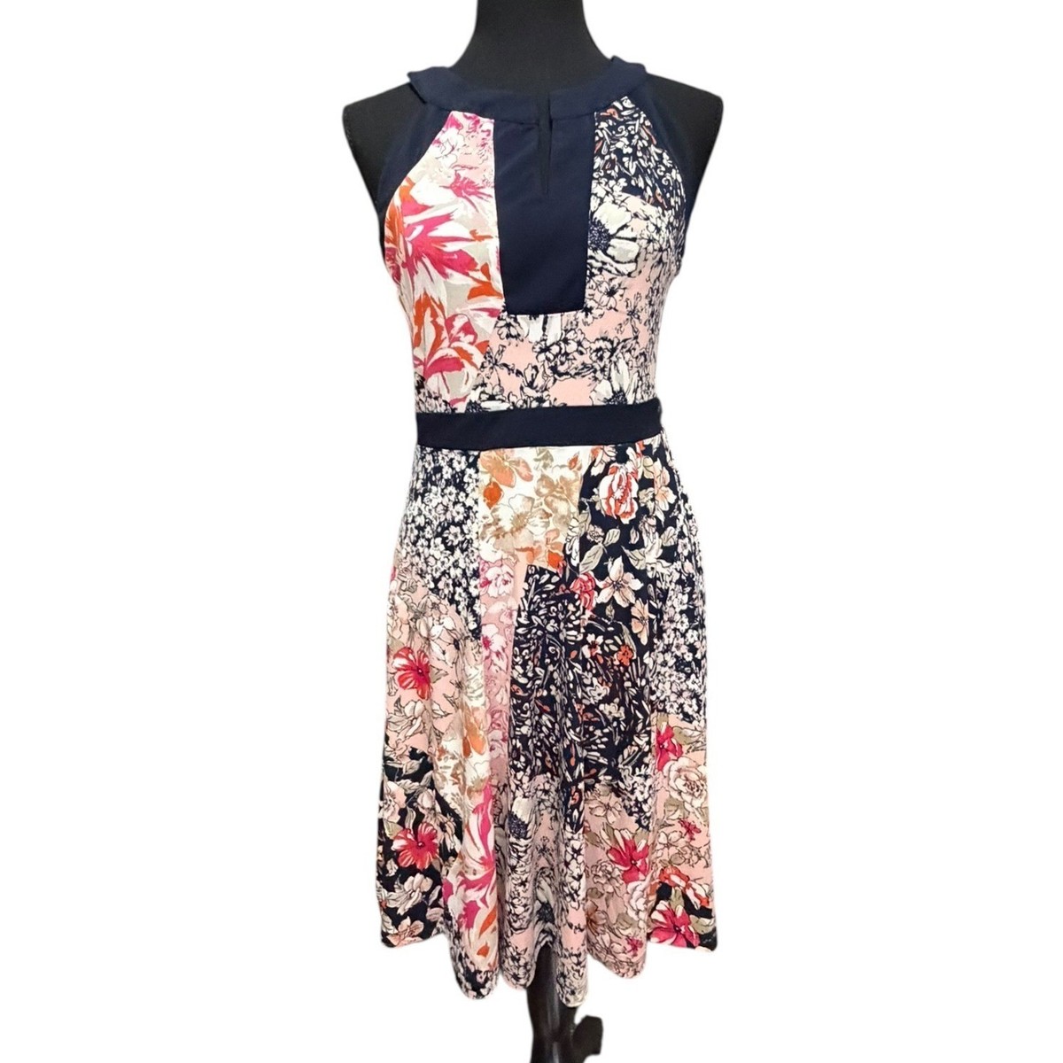 En Focus Studio Pink Navy Floral Patchwork Halter Fit Flare Dress Womens 4  | eBay