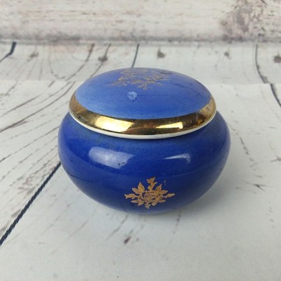Vintage Cobalt Blue & Gold Floral Ceramic Trinket Box Jar Made in Portugal