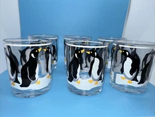 VINTAGE STOTTER PENGUIN DOUBLE OLD FASHION GLASSES SET OF SIX ~ FUN!
