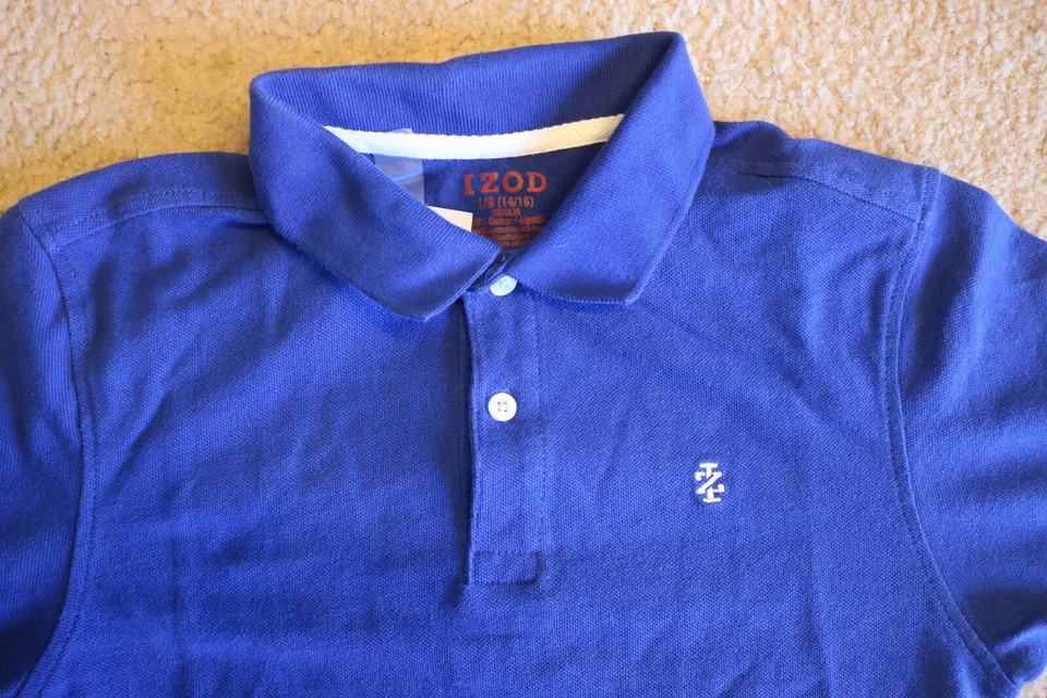Izod 男孩蓝色 100% 棉短袖橄榄球 Polo 休闲衬衫 L 码 (14/16) — 第 3/4 张图片