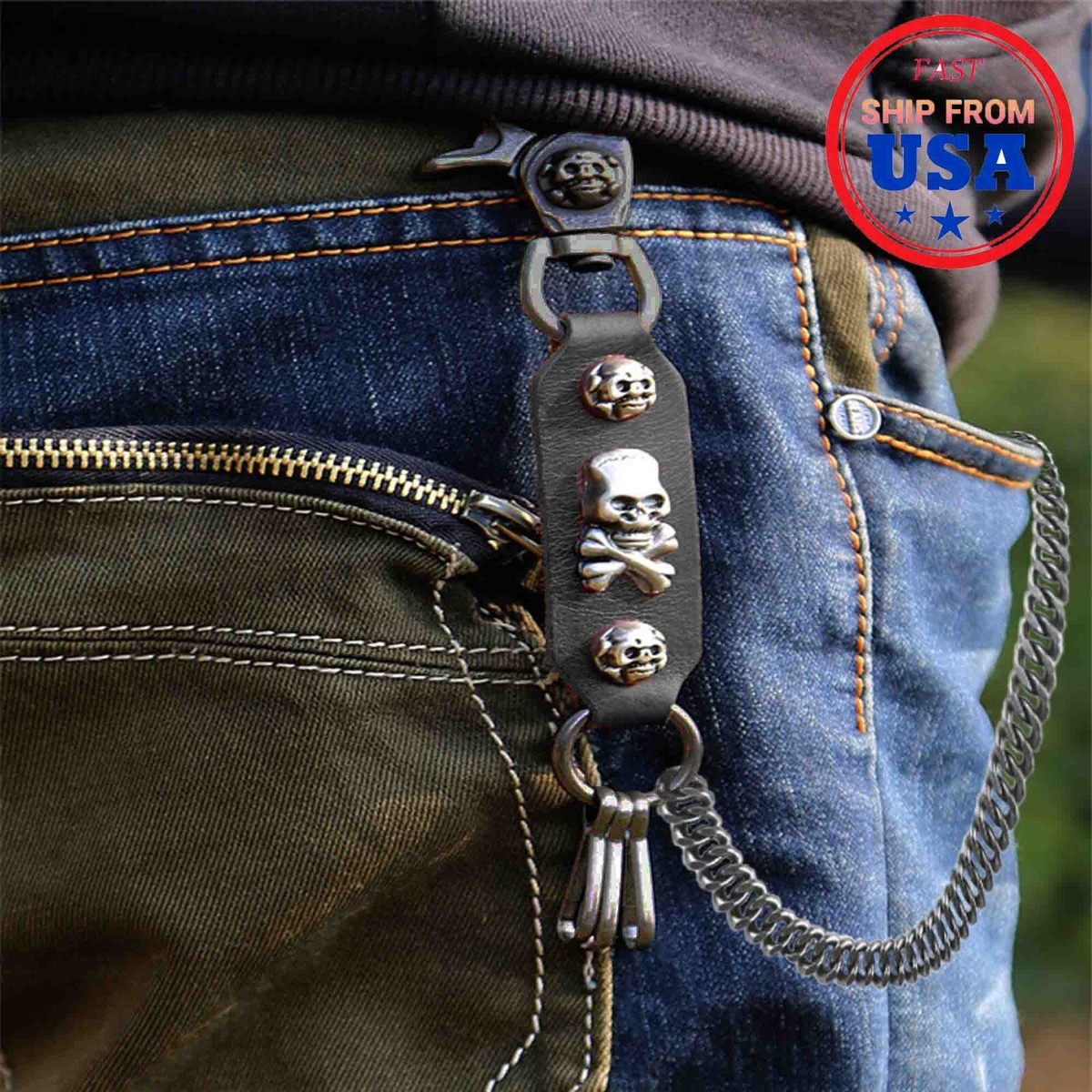 skull Men's Leash Heavy leather Metal Wallet Chains Biker Trucker