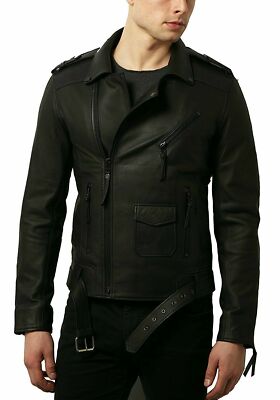Men Vintage Black Leather Biker Style Jacket Café Racer Soft Lambskin Moto Coat