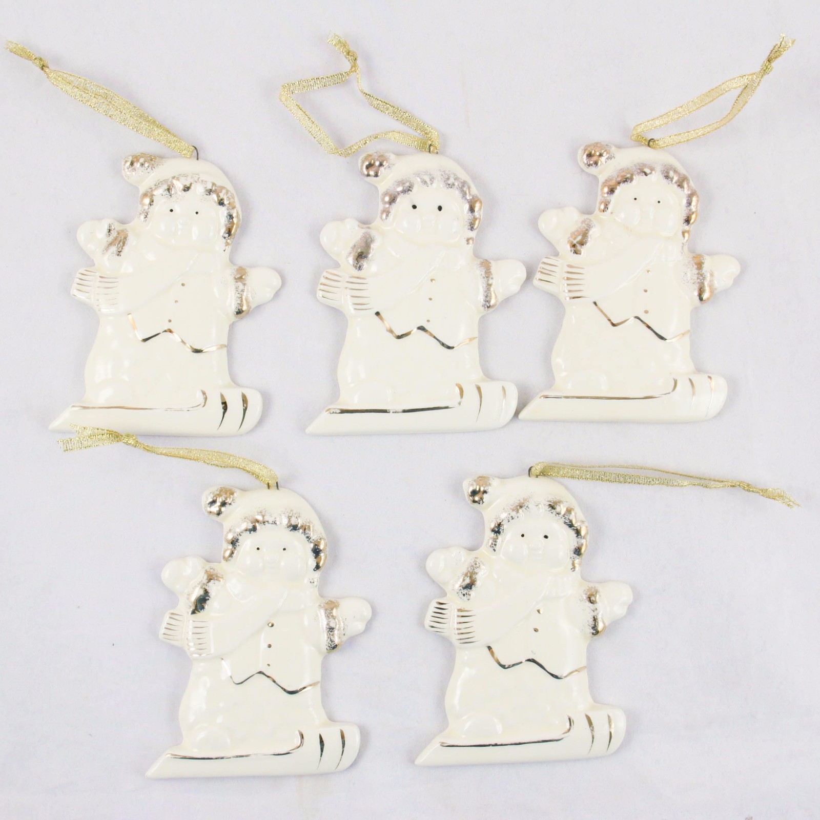 Ceramic White Sledding Children 5-Piece Christmas Holiday Ornament Set