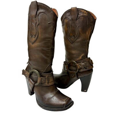 Justin Dark WHISKEY Brown Square Toe Cowboy Western MoTo HARNESS Biker Boots 6.5
