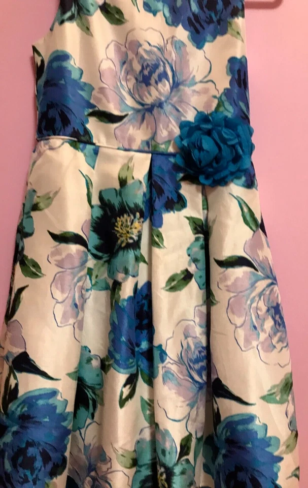 Vestido de festa EMILY WEST menina 16 novo branco azul flores saia plissada zíper alto-baixo - Imagem 3 de 4