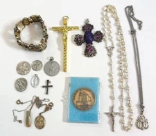 Religious Jewelry and coin-shape items. Pendants, chains, Cross, stones +
