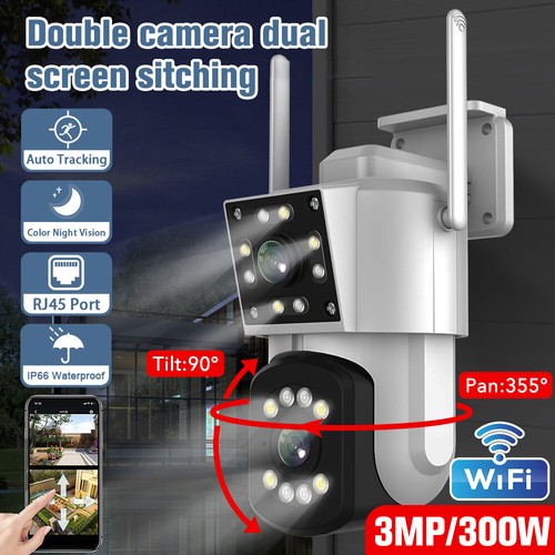 3MP Wifi Security Camera Dual Lens Outdoor PTZ IP Night Vision Cam Home Camera