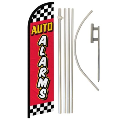 Auto Alarms Red Checkered Windless Banner Flag & Flag Pole Kit & Ground Spike