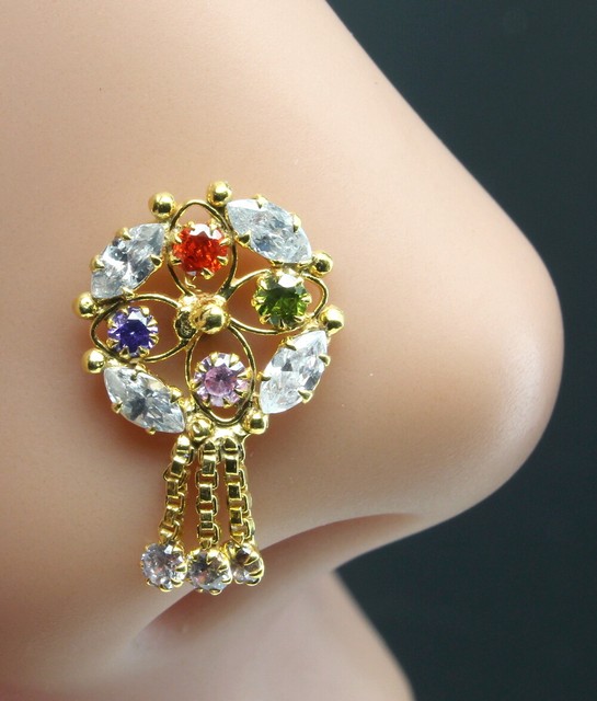 22K Gold filled Indian Nose Stud, Multicolor CZ corkscrew piercing