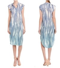 Rebecca Taylor Silk Ombre shift Blue Patterned Midi cap Sleeve Dress XS V-neck