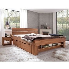 Futonbett Kernbuche Massiv geölt 140cm inkl. 4 Bettkästen inkl. Fussteilregal  