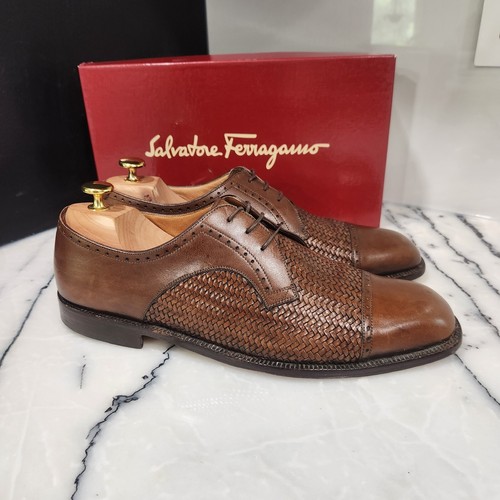Salvatore Ferragamo Korb gewebte Kappe Zehenpartie Derby in Kastanie, Herren 9,5D